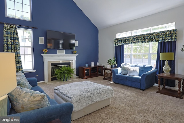 1 Longfellow Ln, Hainesport, NJ 08036 - carpeted living room with high vaulted ceiling and a glass covered fireplace
