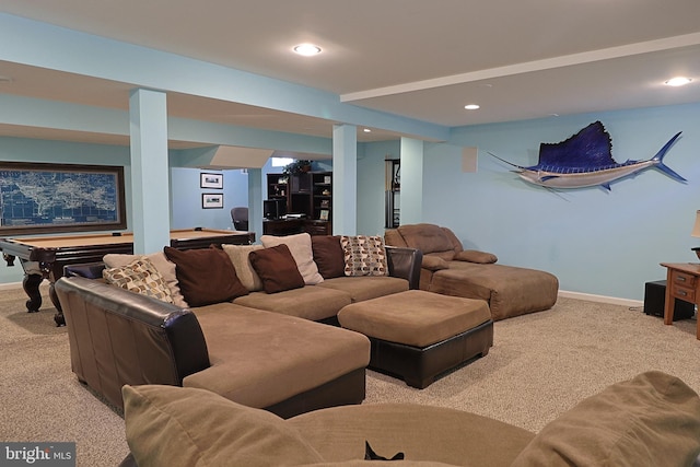 1 Longfellow Ln, Hainesport, NJ 08036 - living room featuring carpet flooring, pool table, recessed lighting, and baseboards