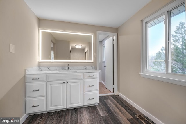 bathroom with visible vents, vanity, baseboards, and wood finished floors