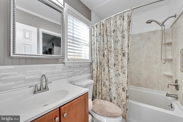 full bath featuring vanity, backsplash, shower / bath combination with curtain, and toilet