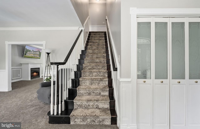 stairs with a wainscoted wall, a lit fireplace, carpet floors, and a decorative wall