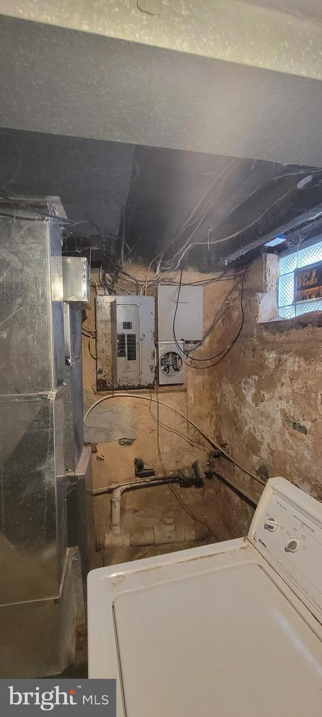 unfinished basement with washer / dryer and electric panel