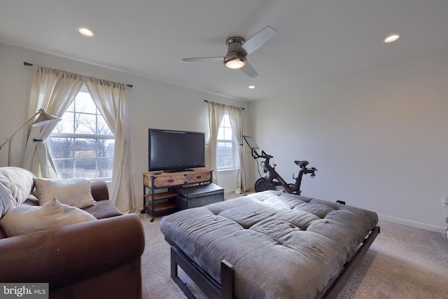 bedroom featuring carpet floors, recessed lighting, baseboards, and a ceiling fan