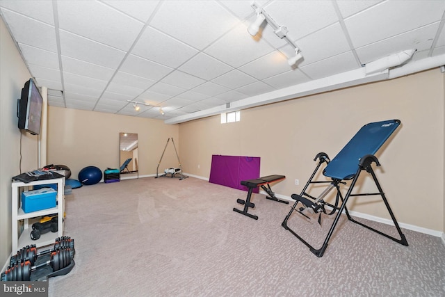 workout area with a paneled ceiling, baseboards, carpet flooring, and rail lighting