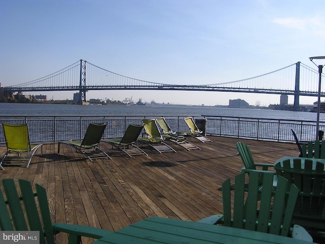 wooden deck featuring a water view