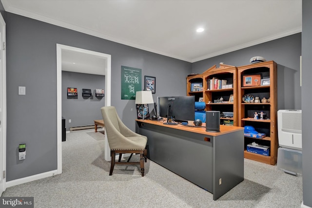 office space featuring carpet, crown molding, recessed lighting, baseboard heating, and baseboards