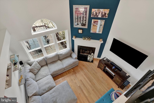 living room with wood finished floors, a fireplace with flush hearth, and a towering ceiling