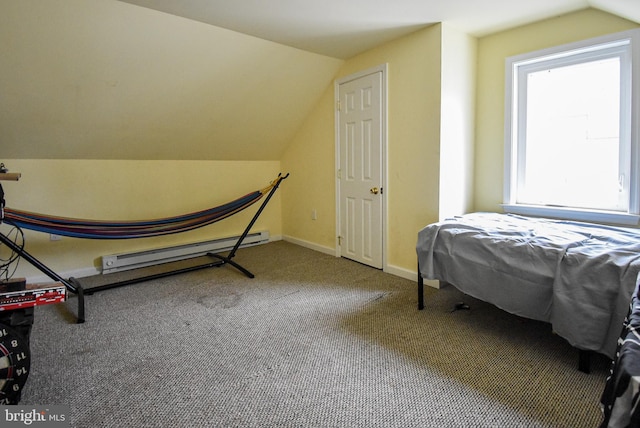 bedroom featuring lofted ceiling, carpet, a baseboard radiator, and baseboards