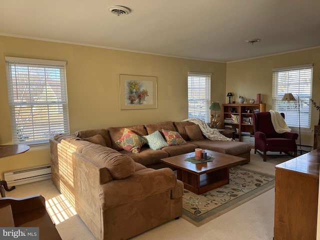 living area with a baseboard radiator, crown molding, visible vents, and a wealth of natural light