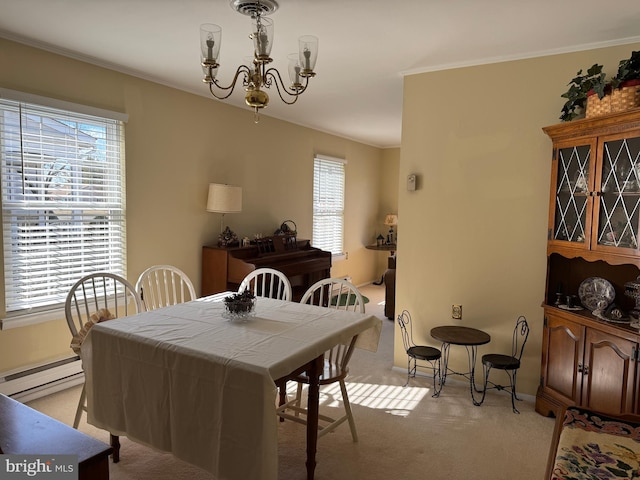 dining space featuring light carpet, a baseboard radiator, crown molding, and a notable chandelier