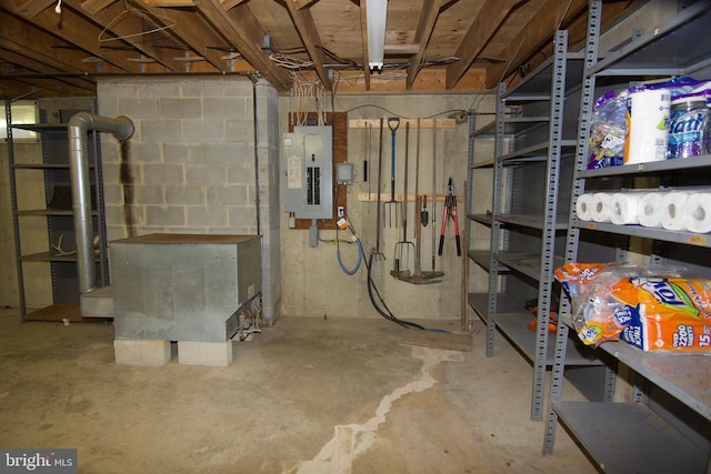 unfinished basement featuring electric panel