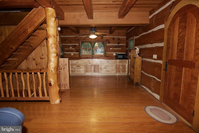 interior space with wood ceiling, wooden walls, beam ceiling, and wood finished floors