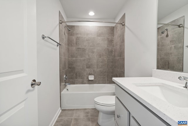 full bath featuring toilet, shower / tub combination, tile patterned flooring, and vanity