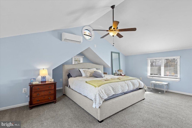 carpeted bedroom featuring lofted ceiling, a wall mounted air conditioner, a ceiling fan, and baseboards