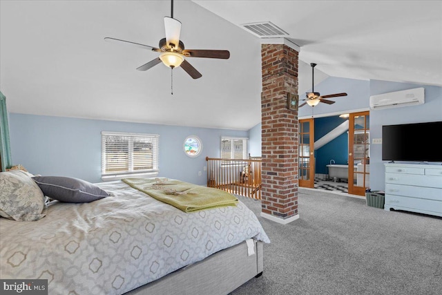 carpeted bedroom featuring vaulted ceiling, an AC wall unit, and visible vents