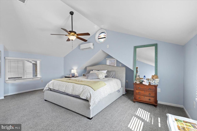 carpeted bedroom with lofted ceiling, ceiling fan, baseboards, and a wall mounted AC