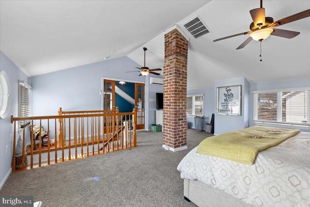 carpeted bedroom with lofted ceiling, ceiling fan, visible vents, a wall mounted AC, and decorative columns