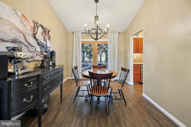 dining area with vaulted ceiling, french doors, baseboards, and dark wood-style flooring