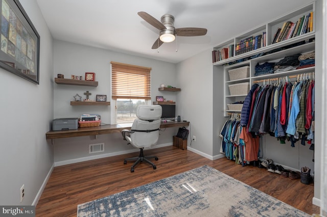 office area featuring ceiling fan, wood finished floors, visible vents, and baseboards