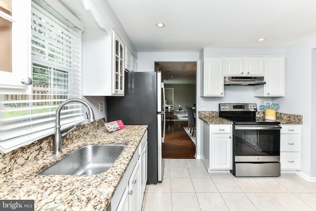 kitchen with appliances with stainless steel finishes, a sink, light stone counters, and under cabinet range hood