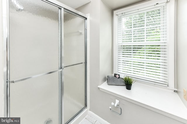 bathroom with plenty of natural light and a shower stall