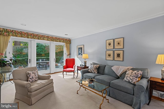 living area featuring carpet and ornamental molding