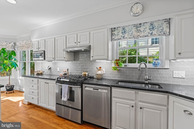 kitchen featuring under cabinet range hood, a sink, white cabinetry, appliances with stainless steel finishes, and crown molding