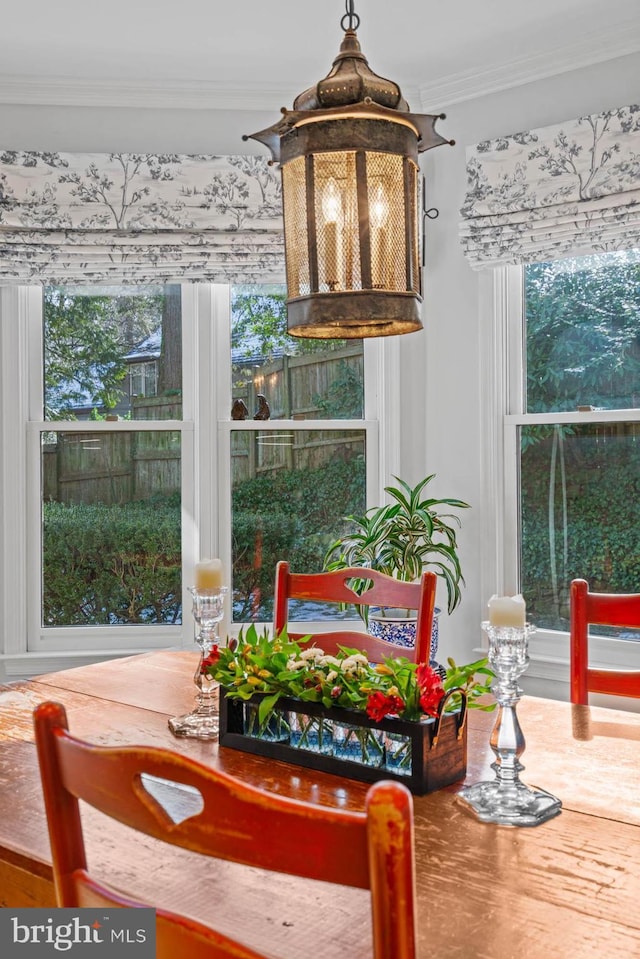 dining area with ornamental molding and plenty of natural light