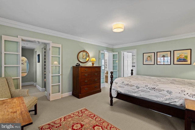 bedroom with carpet, ornamental molding, baseboards, and french doors