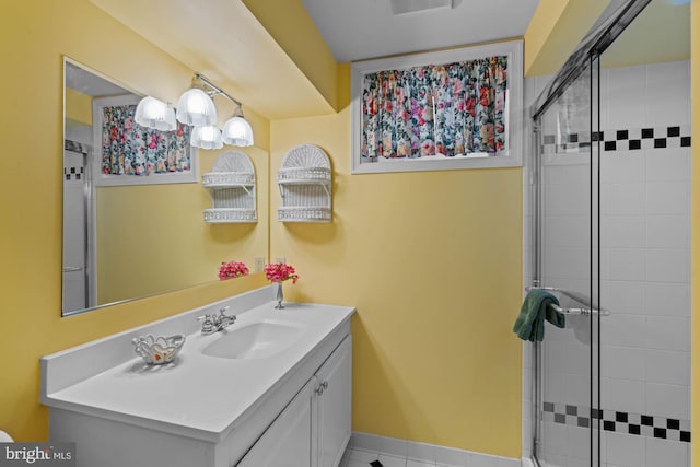 full bathroom featuring a shower stall, vanity, and baseboards