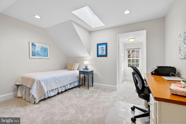 bedroom with baseboards, recessed lighting, a skylight, and light colored carpet