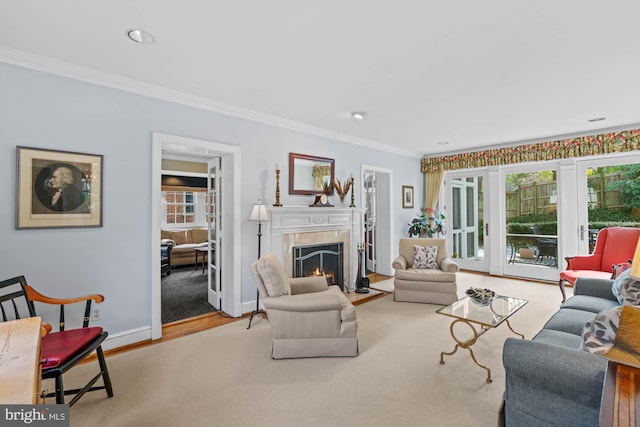 living area featuring baseboards, ornamental molding, wood finished floors, and a tile fireplace