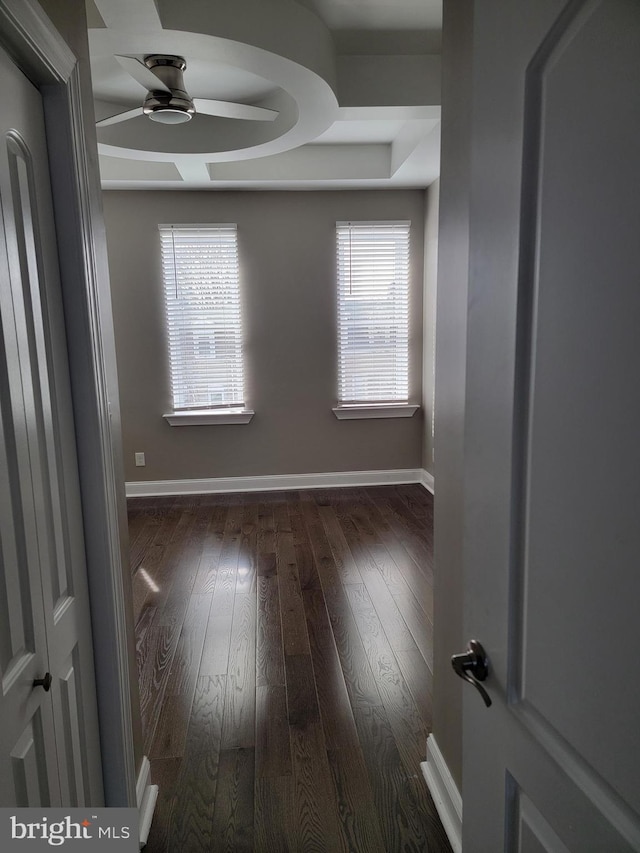 spare room featuring a healthy amount of sunlight, hardwood / wood-style flooring, baseboards, and a ceiling fan