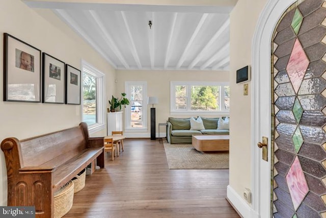 living area with beam ceiling, a healthy amount of sunlight, baseboards, and wood finished floors