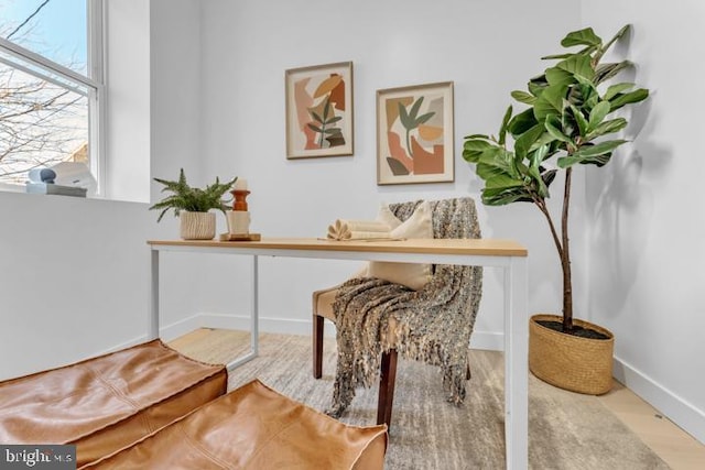 living area featuring baseboards and wood finished floors