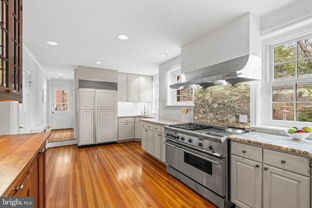 kitchen featuring ventilation hood, high end stainless steel range, decorative backsplash, and a healthy amount of sunlight