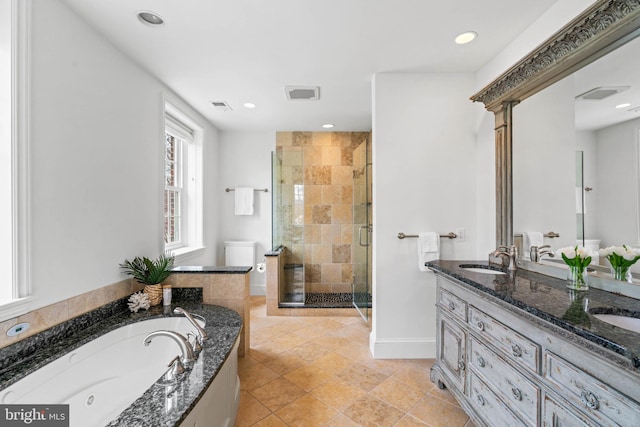 full bath featuring a stall shower, visible vents, a sink, and a bath