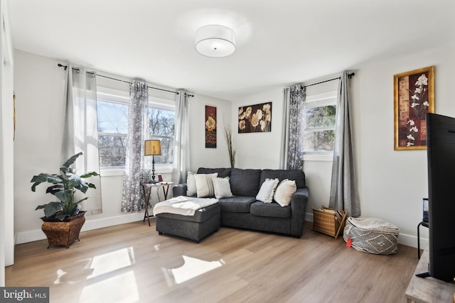 living area featuring baseboards and wood finished floors