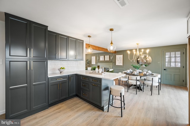 kitchen with light countertops, visible vents, backsplash, light wood-style floors, and a peninsula