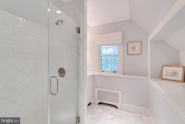 1911 Belle Haven Rd, Alexandria, VA 22307 - bathroom with radiator, lofted ceiling, a stall shower, marble finish flooring, and baseboards