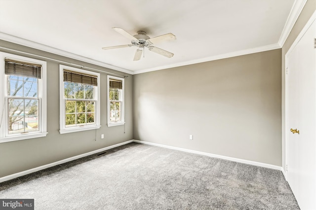 empty room with carpet, a wealth of natural light, and crown molding