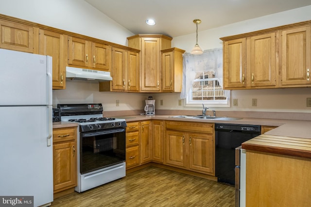 kitchen with black dishwasher, gas range, freestanding refrigerator, under cabinet range hood, and a sink