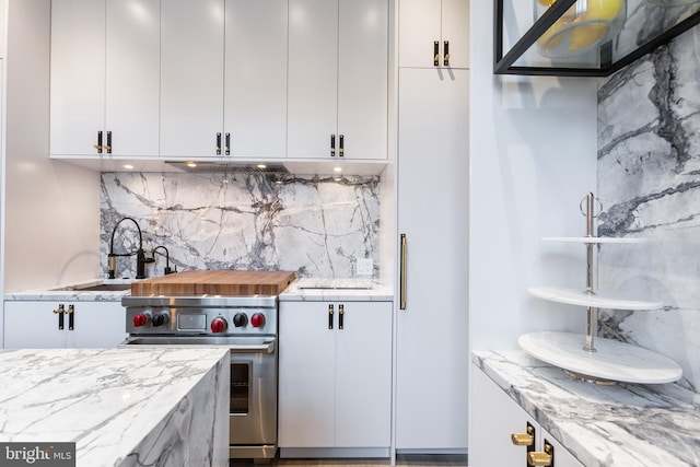 kitchen with premium stove, a sink, white cabinets, and light stone countertops