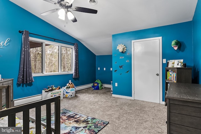 carpeted bedroom with ceiling fan, a baseboard radiator, visible vents, baseboards, and vaulted ceiling