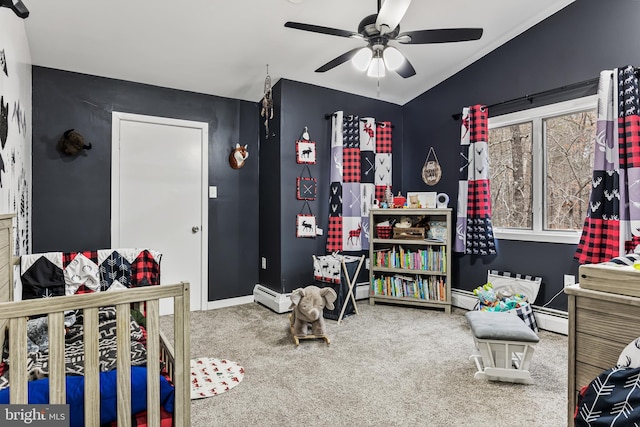 carpeted bedroom featuring lofted ceiling, a ceiling fan, and baseboards