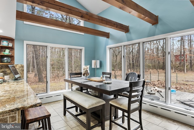 dining room with light tile patterned floors, a baseboard heating unit, beamed ceiling, and high vaulted ceiling