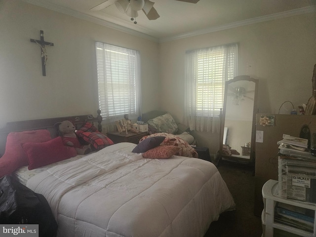 bedroom featuring ceiling fan and crown molding