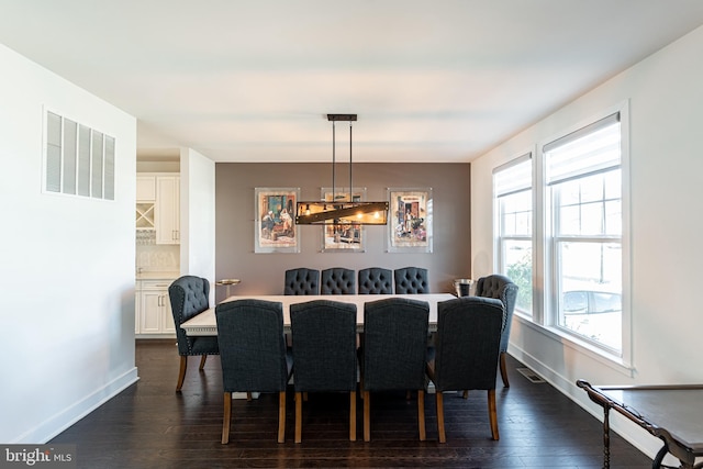 dining area with visible vents, baseboards, and dark wood finished floors