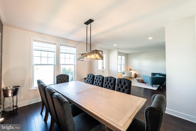 dining room featuring dark wood-style flooring, recessed lighting, and baseboards