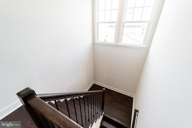 stairway with baseboards and wood finished floors